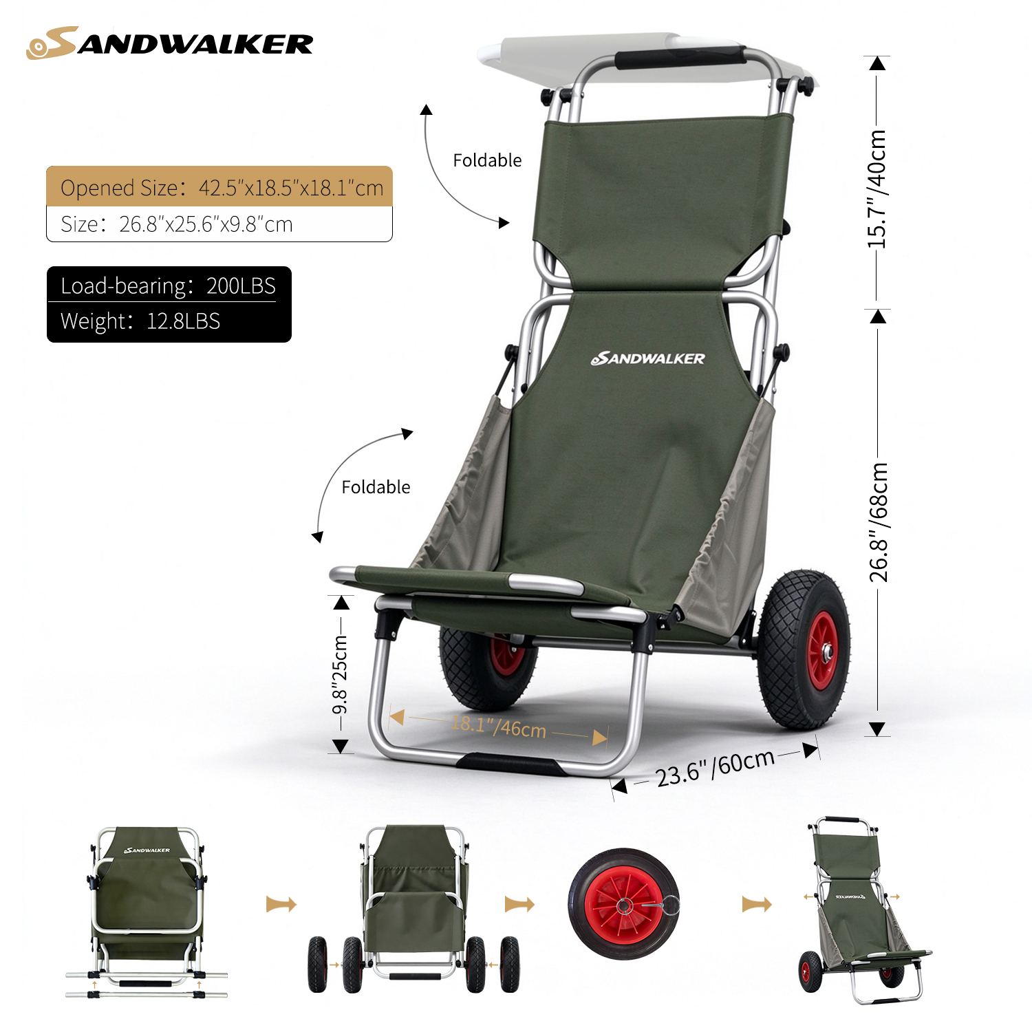 Foldable Aluminum Beach Cart Wagon with Canopy & Luggage Rack, Heavy Duty All Terrain Wheels BTC 